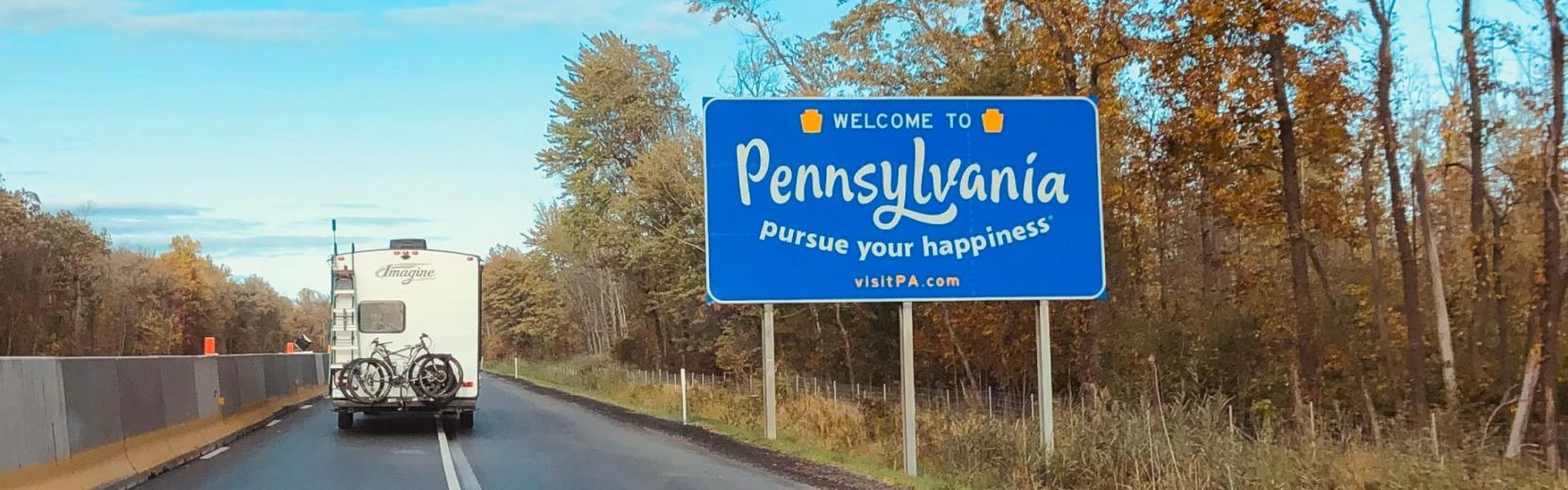 “Welcome to Pennsylvania”-skilt ved vejen