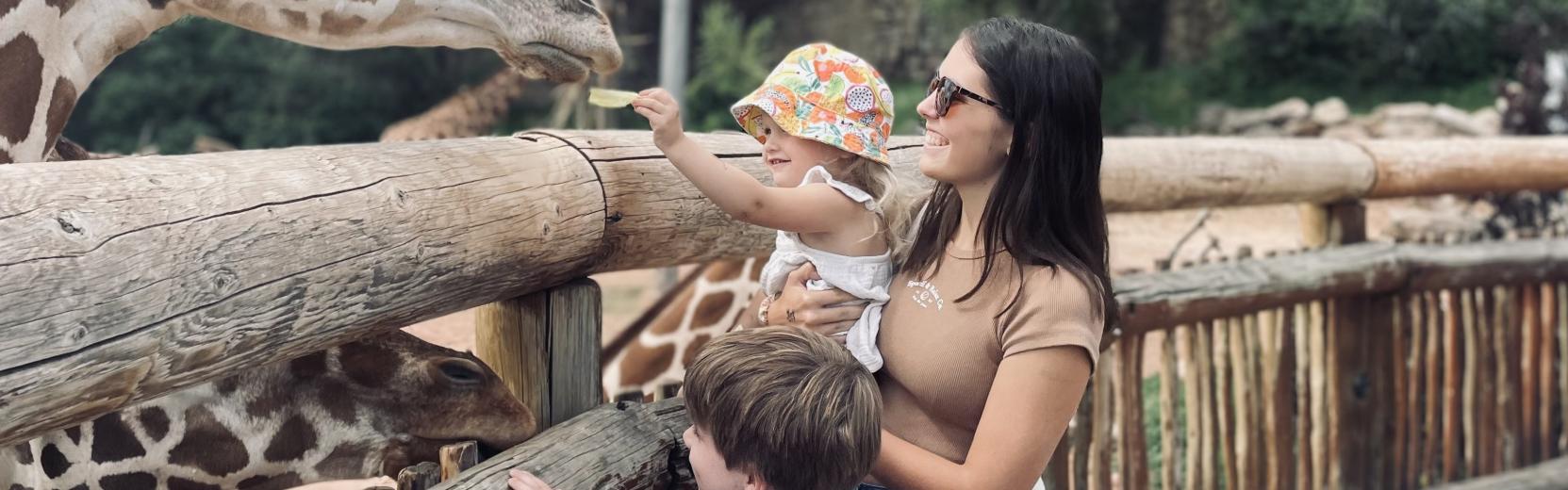Au pair-livet i udlandet au pair med to værtsbørn i zoologisk have, hvor de fodrer giraffer