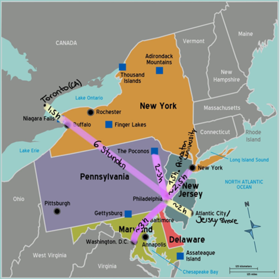 Kort med afstande og rejsetider